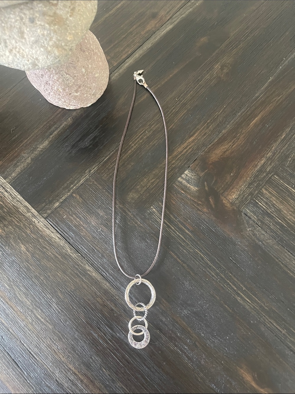 Silpada Silver Triple Ring Pendant Necklace on Brown Cord